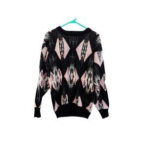 Vintage 80s Retro Pink and Black Geometric Sweater by Frontline - Size Medium
